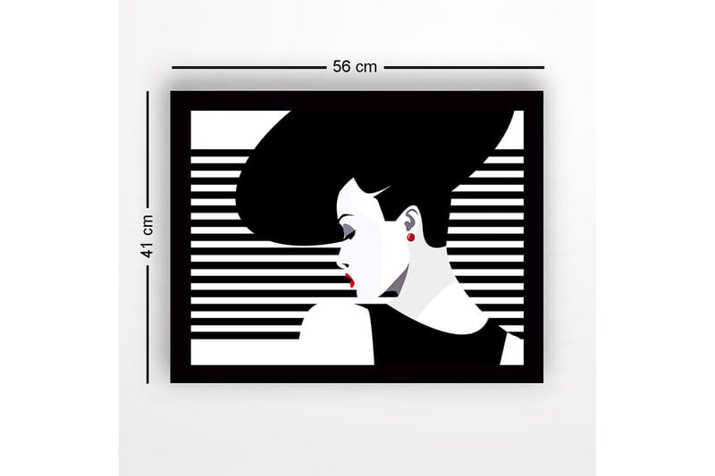 Innrammet lerretsbilde i tre - 41x56 cm - Stilisert kvinne med stort hår og røde lepper - Svart / Hvit / Rød - Innredning - Bilder & kunst