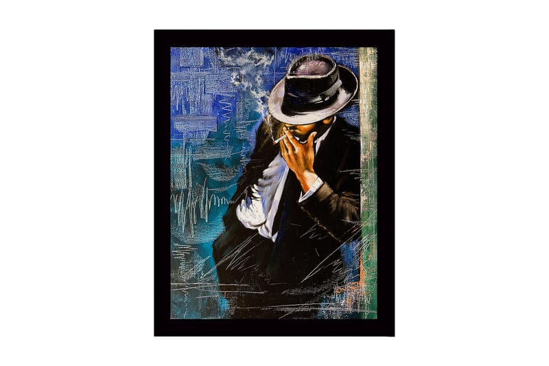Innrammet lerretsbilde i tre - 41x56 cm - Stilisert mann i dress med hatt som røyker en sigarett, Svart / Blå / Hvit