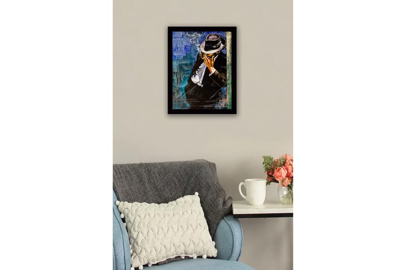 Innrammet lerretsbilde i tre - 41x56 cm - Stilisert mann i dress med hatt som røyker en sigarett - Svart / Blå / Hvit - Innredning - Bilder & kunst