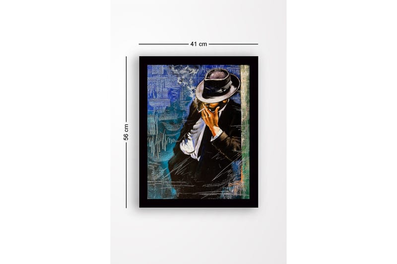 Innrammet lerretsbilde i tre - 41x56 cm - Stilisert mann i dress med hatt som røyker en sigarett - Svart / Blå / Hvit - Innredning - Bilder & kunst