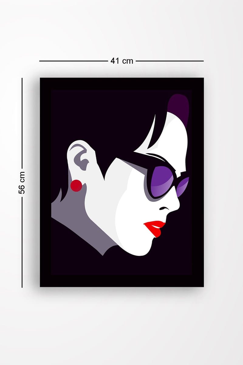 Innrammet lerretsbilde i tre - 41x56 cm - Stilisert profil av en kvinne med solbriller - Mørk lilla / Rød / Hvit - Innredning - Bilder & kunst