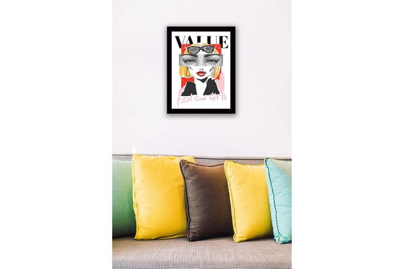 Innrammet lerretsbilde i tre - 41x56 cm - Stilisert portrett av en kvinne med solbriller og fargerik bakgrunn - Rød / Svart / Gul - Innredning - Bilder & kunst