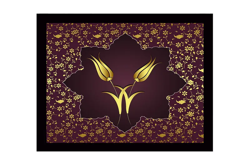 Innrammet lerretsbilde i tre - 41x56 cm - Stiliserte blomster i gull mot en mørkerød bakgrunn - Mørk rød / Gull - Innredning - Bilder & kunst