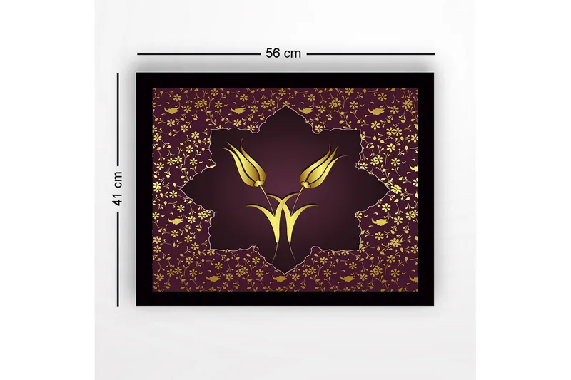 Innrammet lerretsbilde i tre - 41x56 cm - Stiliserte blomster i gull mot en mørkerød bakgrunn - Mørk rød / Gull - Innredning - Bilder & kunst