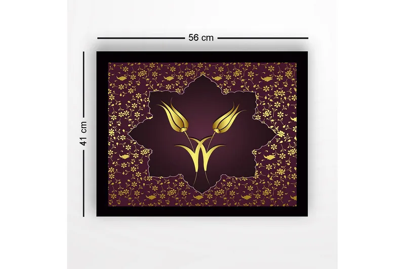 Innrammet lerretsbilde i tre - 41x56 cm - Stiliserte blomster i gull mot en mørkerød bakgrunn - Mørk rød / Gull - Innredning - Bilder & kunst