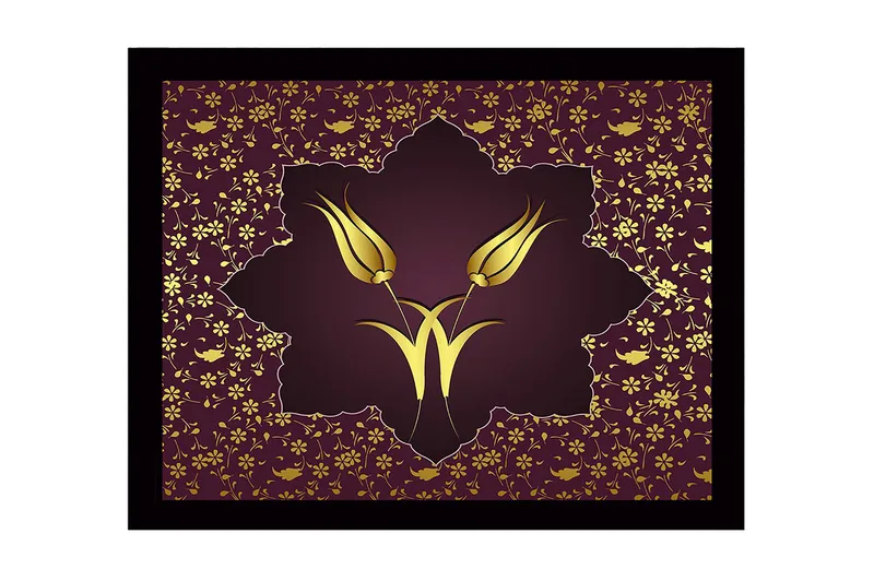 Innrammet lerretsbilde i tre - 41x56 cm - Stiliserte blomster i gull mot en mørkerød bakgrunn - Mørk rød / Gull - Innredning - Bilder & kunst