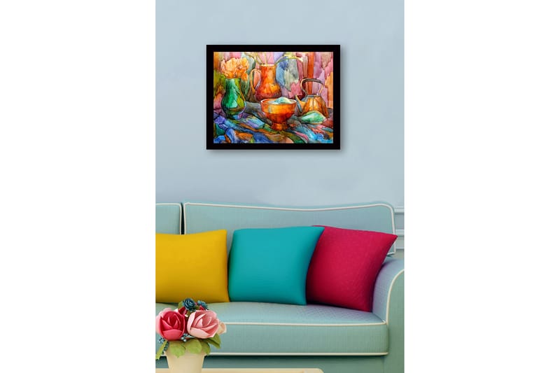 Innrammet lerretsbilde i tre - 41x56 cm - Stillhet med fargerike kar og blomster - Grønn / Oransje / Blå - Innredning - Bilder & kunst