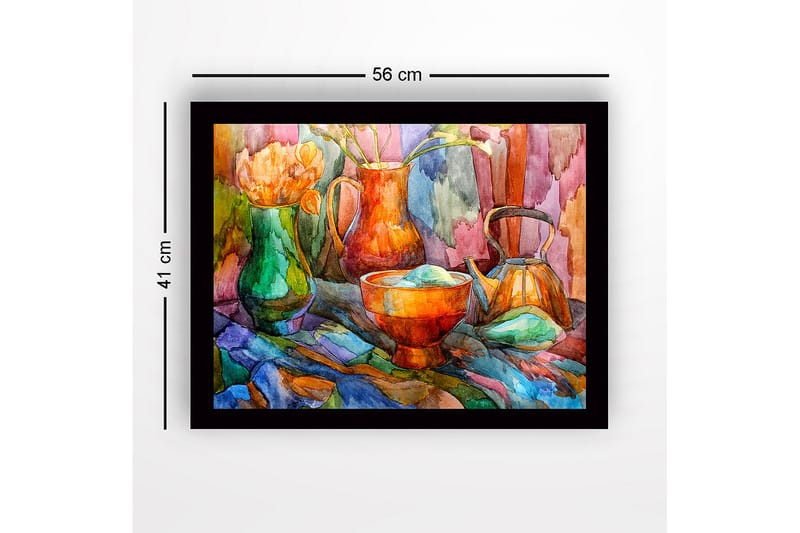 Innrammet lerretsbilde i tre - 41x56 cm - Stillhet med fargerike kar og blomster - Grønn / Oransje / Blå - Innredning - Bilder & kunst