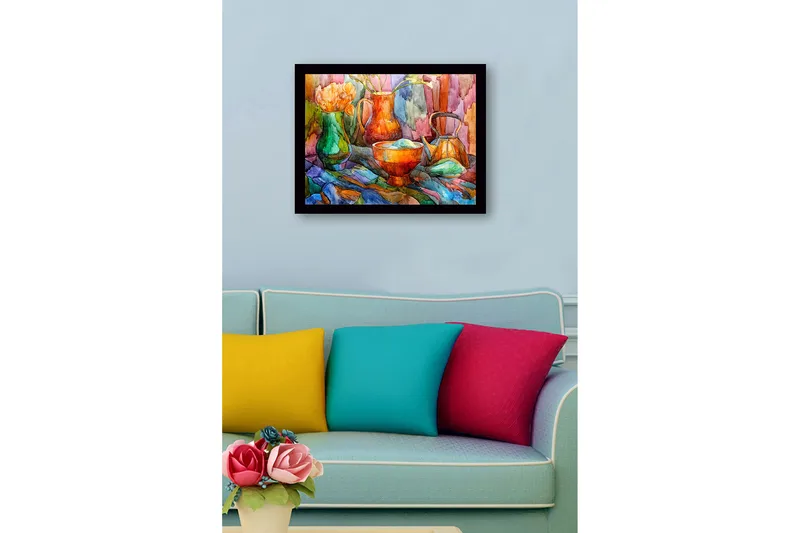 Innrammet lerretsbilde i tre - 41x56 cm - Stillhet med fargerike kar og blomster - Grønn / Oransje / Blå - Innredning - Bilder & kunst
