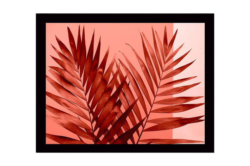 Innrammet lerretsbilde i tre - 41x56 cm - Store, stiliserte palmeblader i rød fargetone - Rød / Lys rosa - Innredning - Bilder & kunst