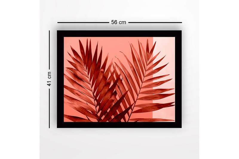 Innrammet lerretsbilde i tre - 41x56 cm - Store, stiliserte palmeblader i rød fargetone - Rød / Lys rosa - Innredning - Bilder & kunst