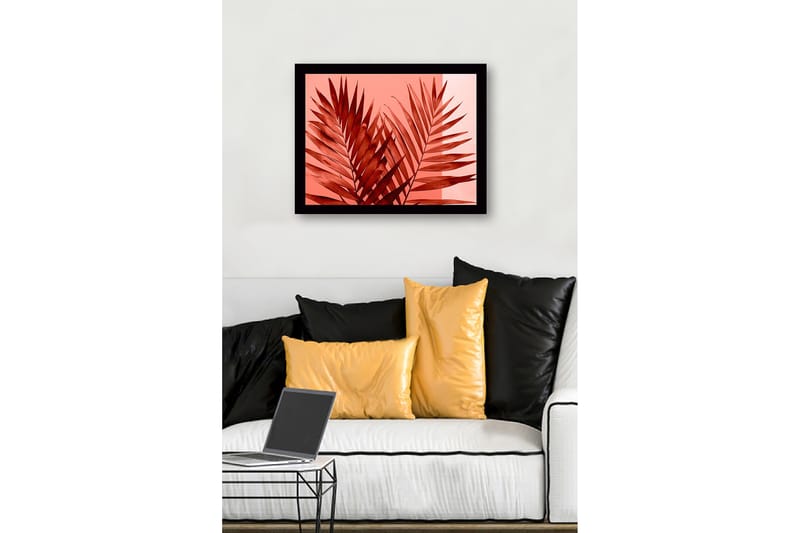 Innrammet lerretsbilde i tre - 41x56 cm - Store, stiliserte palmeblader i rød fargetone - Rød / Lys rosa - Innredning - Bilder & kunst