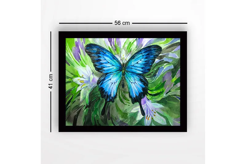 Innrammet lerretsbilde i tre - 41x56 cm - Storslått blå sommerfugl i et grønt og lilla miljø - Blå / Grønn / Lilla - Innredning - Bilder & kunst