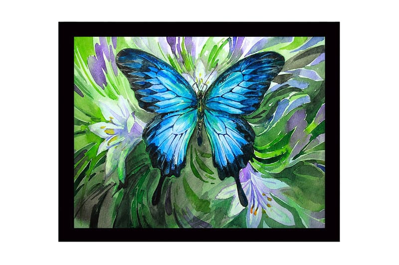 Innrammet lerretsbilde i tre - 41x56 cm - Storslått blå sommerfugl i et grønt og lilla miljø - Blå / Grønn / Lilla - Innredning - Bilder & kunst