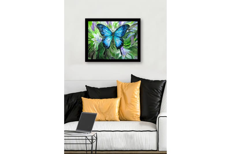 Innrammet lerretsbilde i tre - 41x56 cm - Storslått blå sommerfugl i et grønt og lilla miljø - Blå / Grønn / Lilla - Innredning - Bilder & kunst
