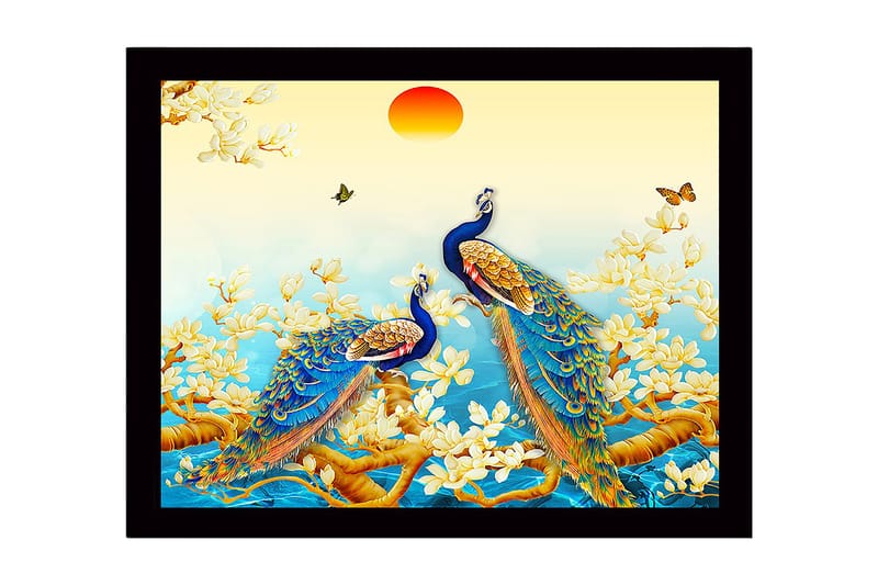 Innrammet lerretsbilde i tre - 41x56 cm - Storslåtte påfugler i et blomstrende miljø - Blå / Grønn / Gul - Innredning - Bilder & kunst