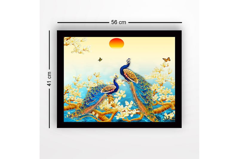 Innrammet lerretsbilde i tre - 41x56 cm - Storslåtte påfugler i et blomstrende miljø - Blå / Grønn / Gul - Innredning - Bilder & kunst