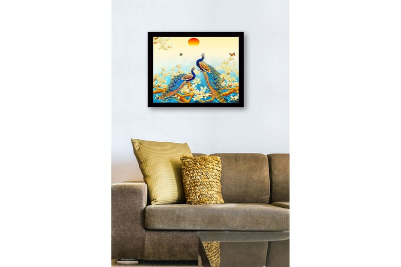 Innrammet lerretsbilde i tre - 41x56 cm - Storslåtte påfugler i et blomstrende miljø - Blå / Grønn / Gul - Innredning - Bilder & kunst