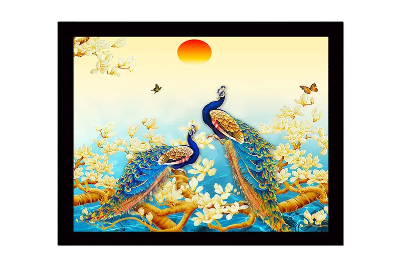 Innrammet lerretsbilde i tre - 41x56 cm - Storslåtte påfugler i et blomstrende miljø - Blå / Grønn / Gul - Innredning - Bilder & kunst