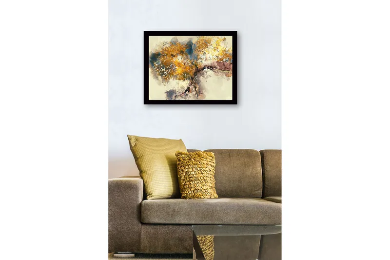 Innrammet lerretsbilde i tre - 41x56 cm - Stort tre med gyllent bladverk - Gull / Blå / Brun - Innredning - Bilder & kunst