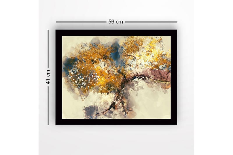 Innrammet lerretsbilde i tre - 41x56 cm - Stort tre med gyllent bladverk - Gull / Blå / Brun - Innredning - Bilder & kunst