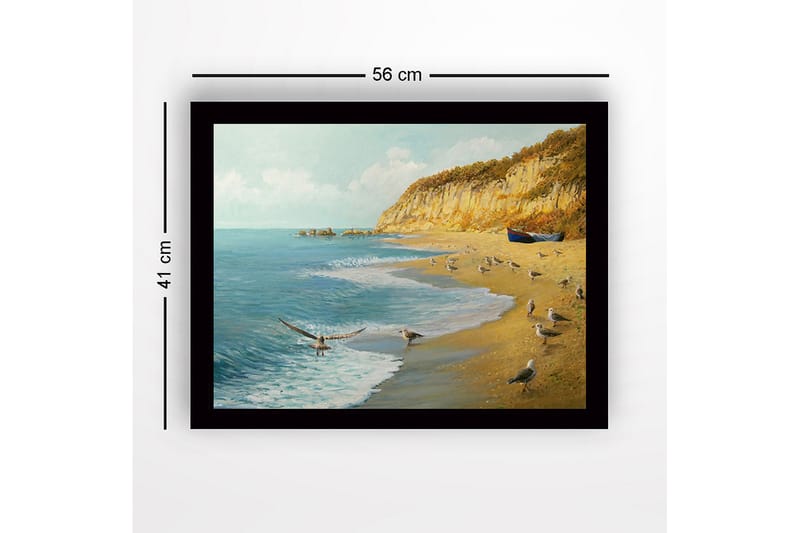 Innrammet lerretsbilde i tre - 41x56 cm - Strandlandskap med måker og en båt på kysten - Blå / Beige / Grønn - Innredning - Bilder & kunst