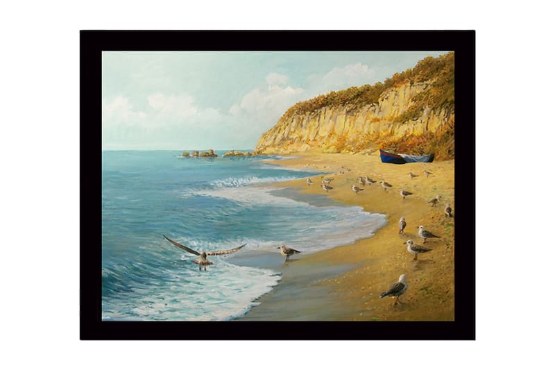 Innrammet lerretsbilde i tre - 41x56 cm - Strandlandskap med måker og en båt på kysten, Blå / Beige / Grønn