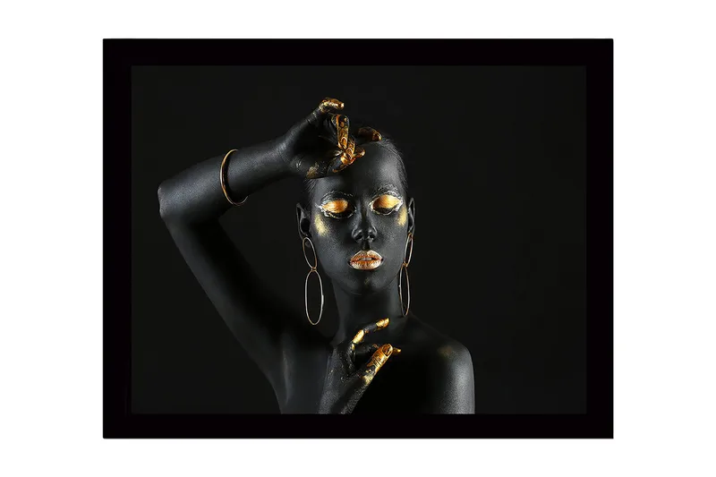 Innrammet lerretsbilde i tre - 41x56 cm - Svart og gulldekorert kropp med elegant positur, Svart / Gull