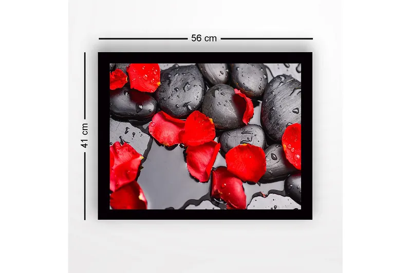 Innrammet lerretsbilde i tre - 41x56 cm - Svarte steiner med røde roseblader og vanndråper - Rød / Svart - Innredning - Bilder & kunst