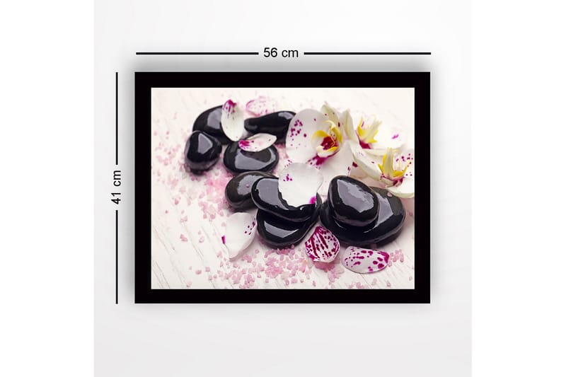 Innrammet lerretsbilde i tre - 41x56 cm - Svarte steiner omgitt av hvite og lilla orkideblader - Svart / Hvit / Lilla - Innredning - Bilder & kunst