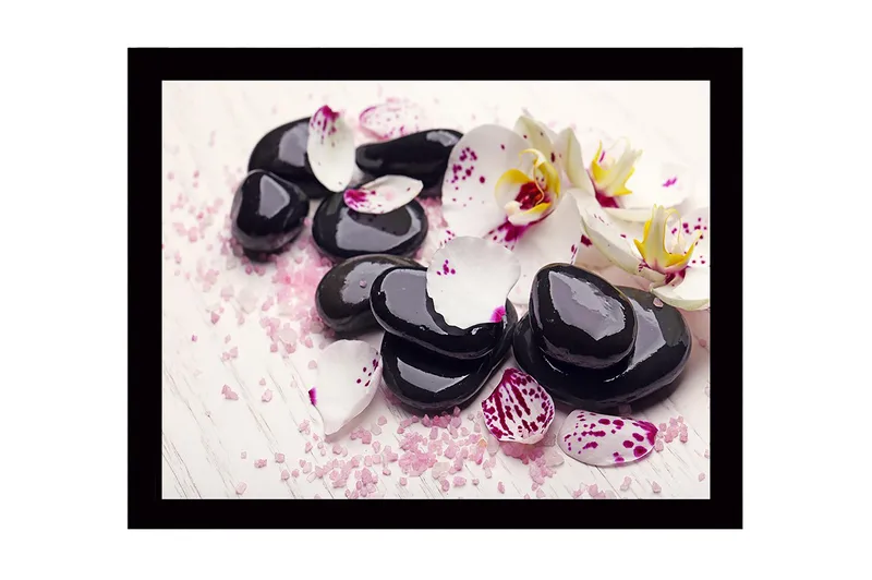 Innrammet lerretsbilde i tre - 41x56 cm - Svarte steiner omgitt av hvite og lilla orkideblader, Svart / Hvit / Lilla