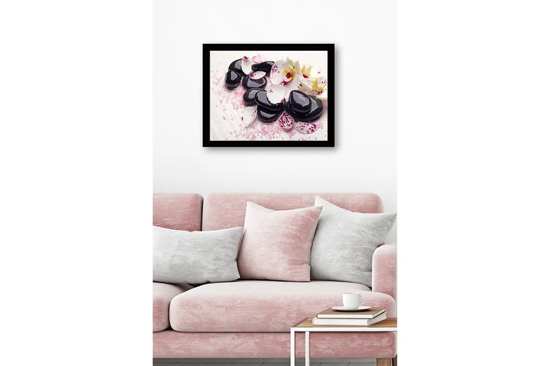 Innrammet lerretsbilde i tre - 41x56 cm - Svarte steiner omgitt av hvite og lilla orkideblader - Svart / Hvit / Lilla - Innredning - Bilder & kunst