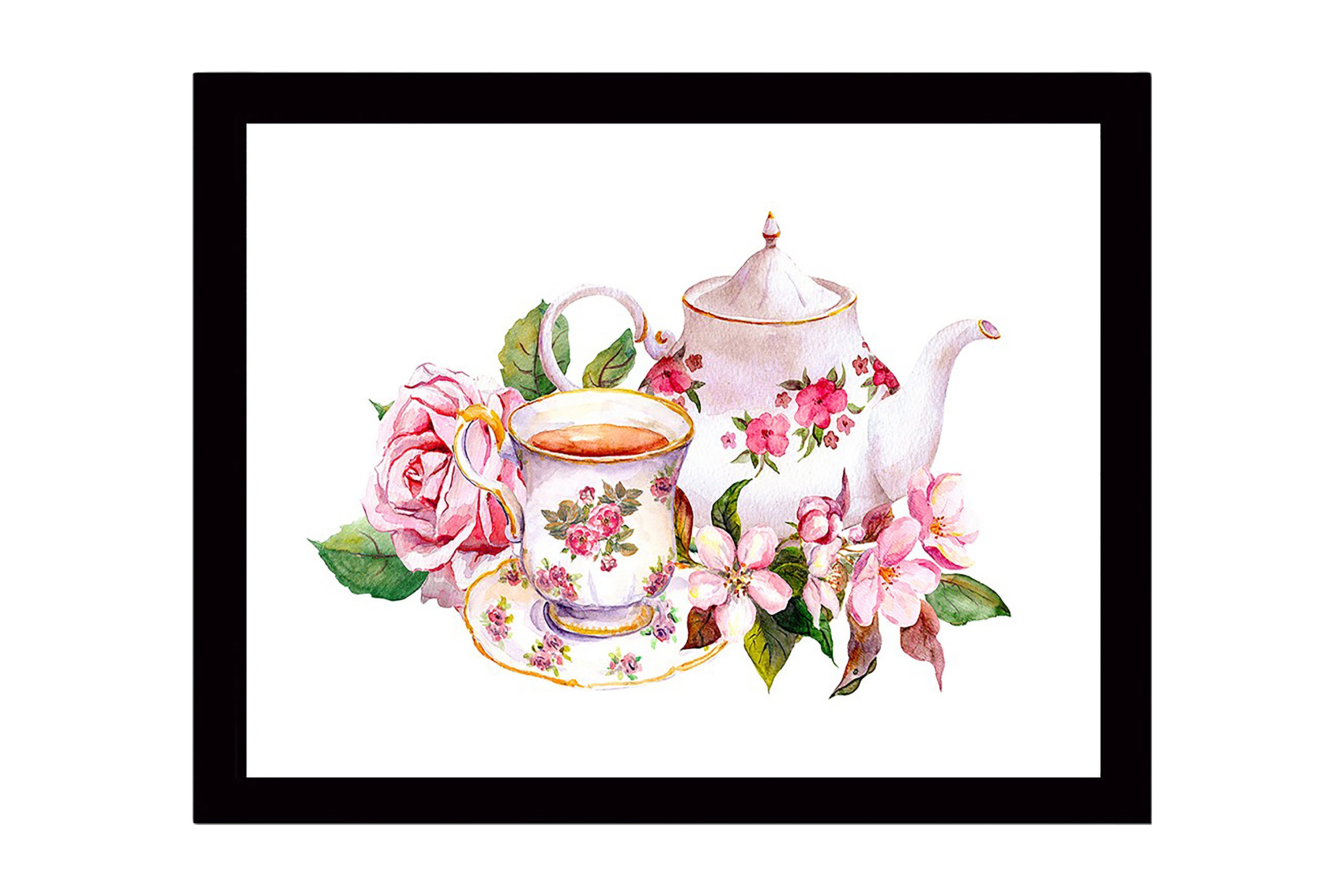 Innrammet lerretsbilde i tre - 41x56 cm - Tekanne og kopp med blomster i romantisk stil - Rosa / Grønn / Hvit