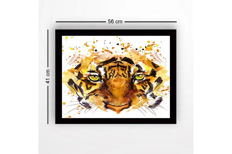 Innrammet lerretsbilde i tre - 41x56 cm - Tigeransikt med intense øyne - Oransje / Brun / Grønn - Innredning - Bilder & kunst