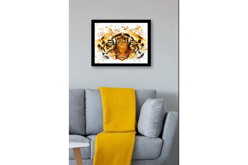 Innrammet lerretsbilde i tre - 41x56 cm - Tigeransikt med intense øyne - Oransje / Brun / Grønn - Innredning - Bilder & kunst