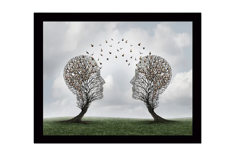 Innrammet lerretsbilde i tre - 41x56 cm - To ansikter formet av trær med sommerfugler som svever rundt dem - Grønn / Brun / Gul - Innredning - Bilder & kunst