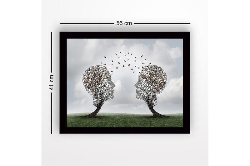 Innrammet lerretsbilde i tre - 41x56 cm - To ansikter formet av trær med sommerfugler som svever rundt dem - Grønn / Brun / Gul - Innredning - Bilder & kunst