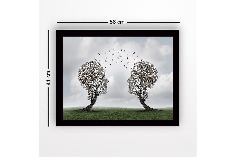 Innrammet lerretsbilde i tre - 41x56 cm - To ansikter formet av trær med sommerfugler som svever rundt dem - Grønn / Brun / Gul - Innredning - Bilder & kunst