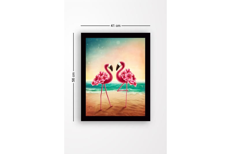 Innrammet lerretsbilde i tre - 41x56 cm - To flamingoer med blomsterdetaljer står tett inntil hverandre ved sjøen - Rosa / Turkis / Beige - Innredning - Bilder & kunst