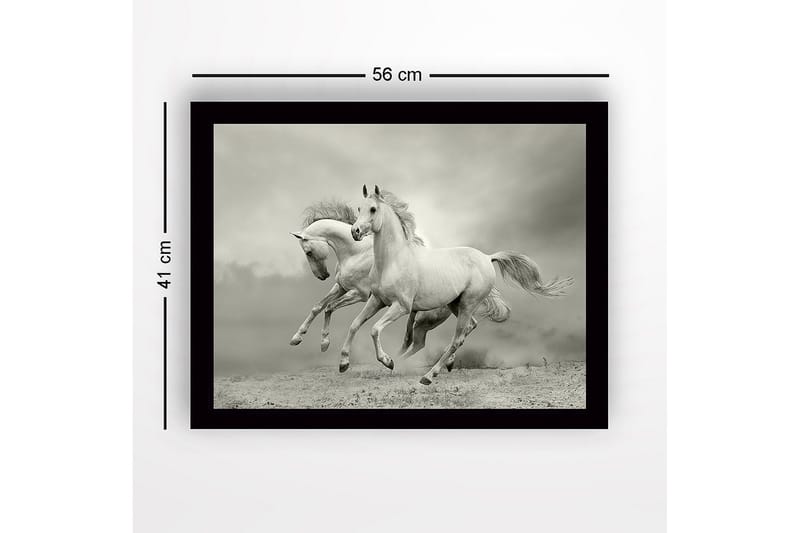 Innrammet lerretsbilde i tre - 41x56 cm - To hvite hester galopperer fremover i en dramatisk setting - Hvit / Grå - Innredning - Bilder & kunst