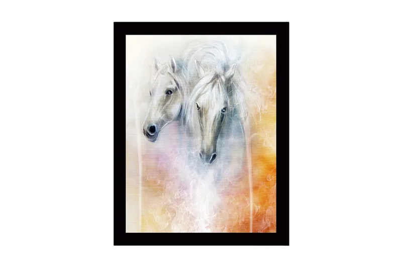 Innrammet lerretsbilde i tre - 41x56 cm - To majestetiske hester med myke ansiktstrekk og en drømmeaktig bakgrunn, Hvit / Lys grå / Oransje