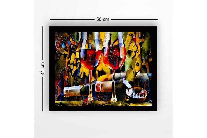 Innrammet lerretsbilde i tre - 41x56 cm - To vinglass med rødvin og en flaske i en livlig komposisjon - Rød / Gul / Grønn - Innredning - Bilder & kunst
