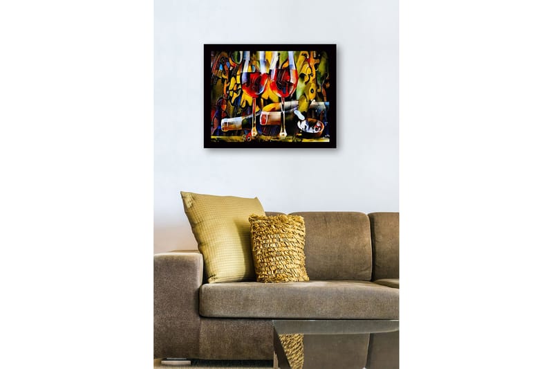Innrammet lerretsbilde i tre - 41x56 cm - To vinglass med rødvin og en flaske i en livlig komposisjon - Rød / Gul / Grønn - Innredning - Bilder & kunst
