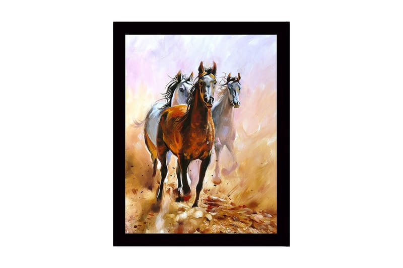 Innrammet lerretsbilde i tre - 41x56 cm - Tre hester som beveger seg gjennom et støvete landskap, Brun / Hvit / Beige