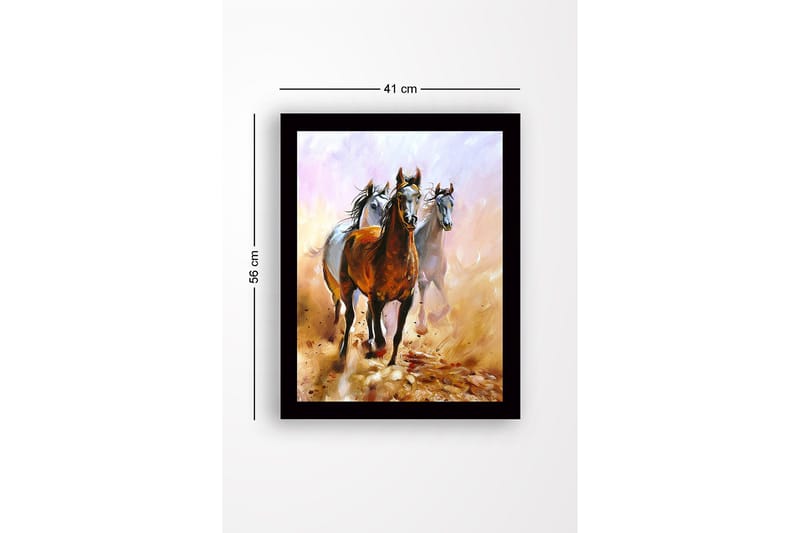 Innrammet lerretsbilde i tre - 41x56 cm - Tre hester som beveger seg gjennom et støvete landskap - Brun / Hvit / Beige - Innredning - Bilder & kunst