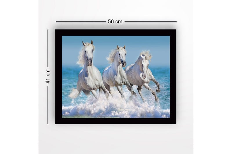Innrammet lerretsbilde i tre - 41x56 cm - Tre hvite hester galopperer gjennom bølgene - Hvit / Blå / Turkis - Innredning - Bilder & kunst
