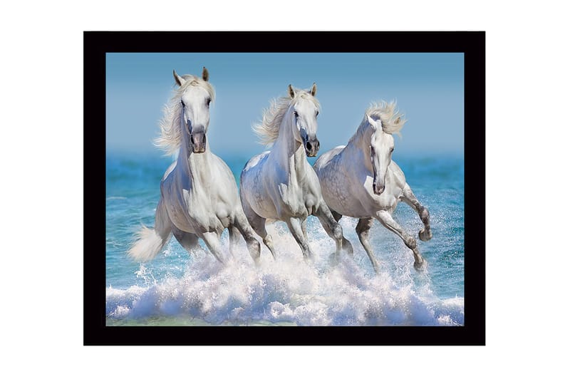 Innrammet lerretsbilde i tre - 41x56 cm - Tre hvite hester galopperer gjennom bølgene - Hvit / Blå / Turkis - Innredning - Bilder & kunst