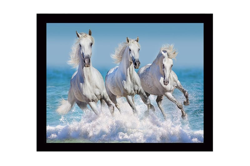 Innrammet lerretsbilde i tre - 41x56 cm - Tre hvite hester galopperer gjennom bølgene - Hvit / Blå / Turkis - Innredning - Bilder & kunst