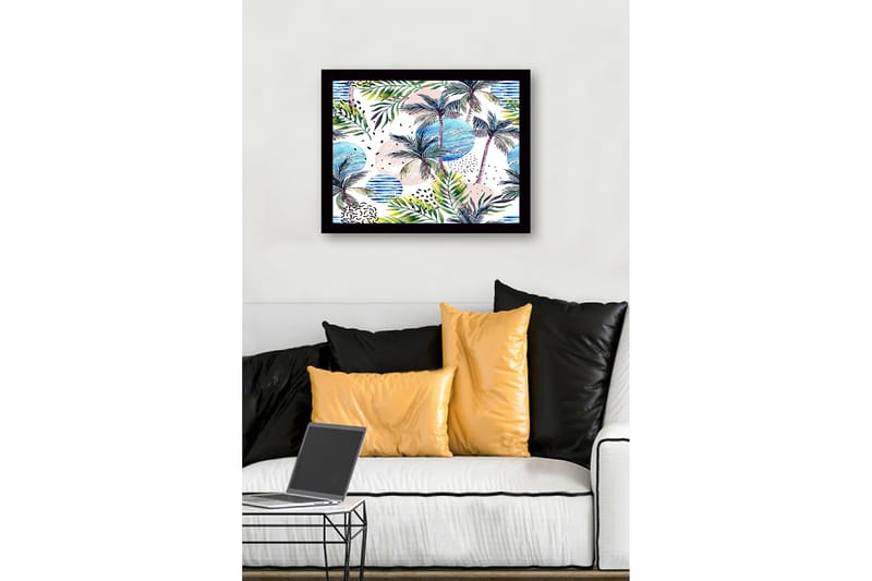 Innrammet lerretsbilde i tre - 41x56 cm - Tropisk landskap med palmer og fargerike sirkler - Grønn / Blå / Rosa - Innredning - Bilder & kunst