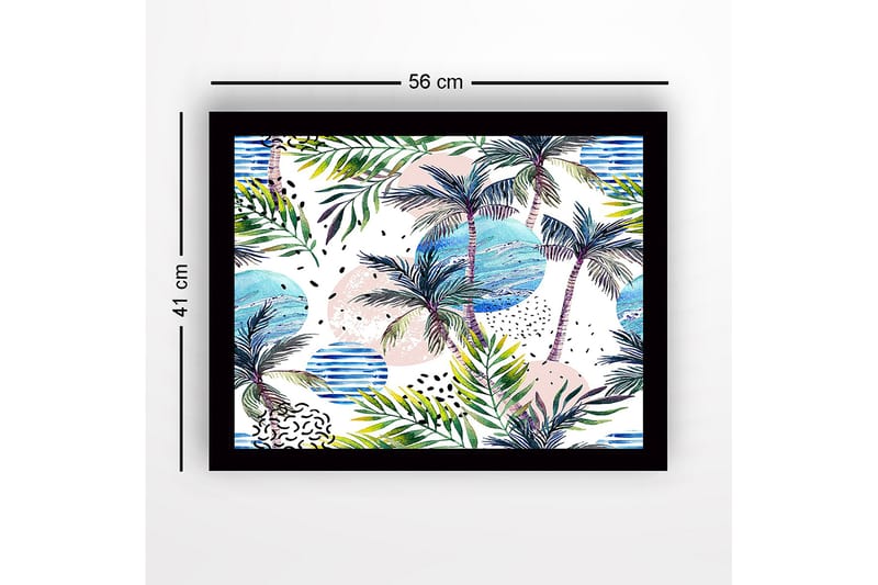 Innrammet lerretsbilde i tre - 41x56 cm - Tropisk landskap med palmer og fargerike sirkler - Grønn / Blå / Rosa - Innredning - Bilder & kunst